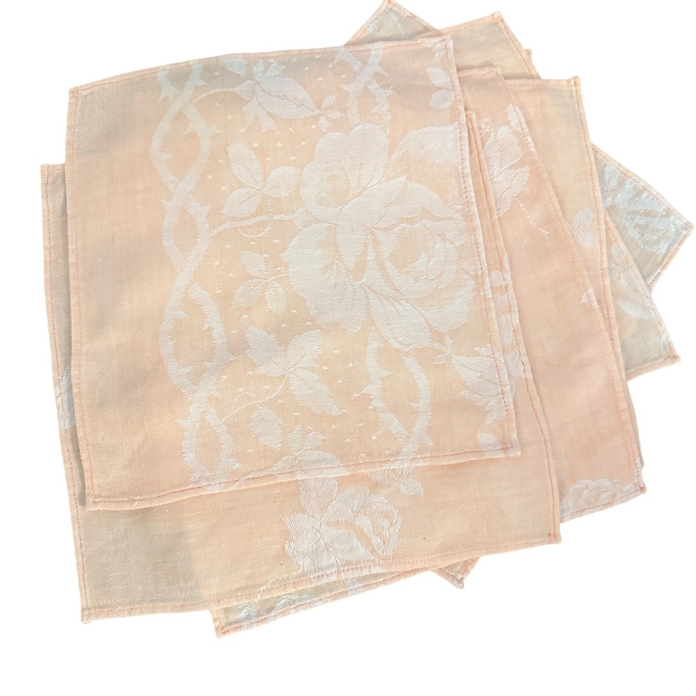 Set of 8 Peach Floral Jacquard Cloth‎ Napkins Rose Vine Pattern Elegant Dinner
